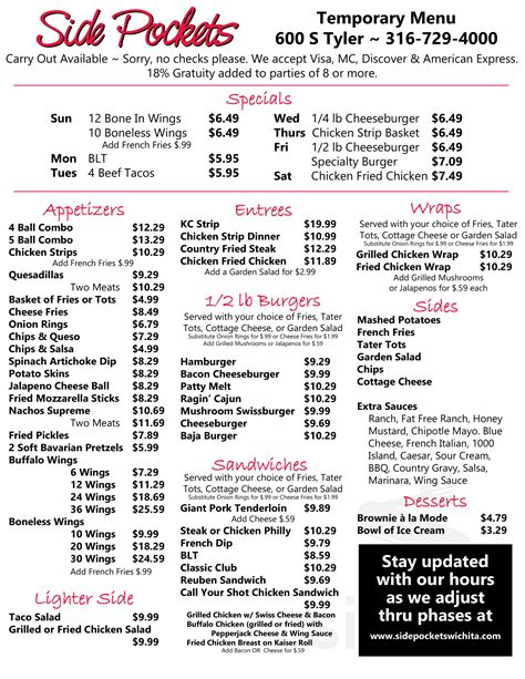 side pockets wichita menu  Special Diets: Vegetarian and Gluten-Free Options