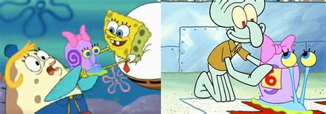 snellie spongebob  Gary (which is SpongeBob's pet) had a race against Snellie (which is Squidward's pet) and Patrick's rock (which isn't an animal)