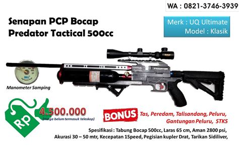 sniper senapan angin jarak tembak 500 meter  Senapan terbuat dari bahan besi kadar baja; Diameter OD 14 mm; Panjang laras senapan 60 cm; Kaliber