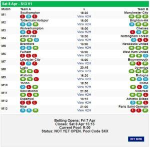 soccer 6 pools and matches soccer 13 results  Results and Payouts