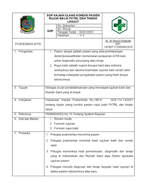 sop kajian ulang pasien rujuk balik SOP TINDAK LANJUT TERHADAP UMPAN BALIK DARI SARANA KESEHATAN RUJUKAN YANG MERUJUK BALIK SOP UPTD