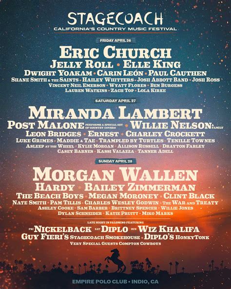 2024 stagecoach lineup. Goldenvoice, producers of the 2024 Stagecoach Country Music Festival, announced the set times for the three-day hoedown in the desert taking place on April 26-28 at the Empire Polo Field in Indio.. The festival, which includes headliners Eric Church, Miranda Lambert and Morgan Wallen, supported by acts like Post Malone, Jelly Roll, … 