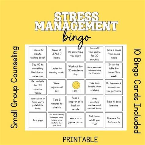 stress management bingo  Download a PDF with 2 free pages of bingo cards plus instructions and a randomized call sheet