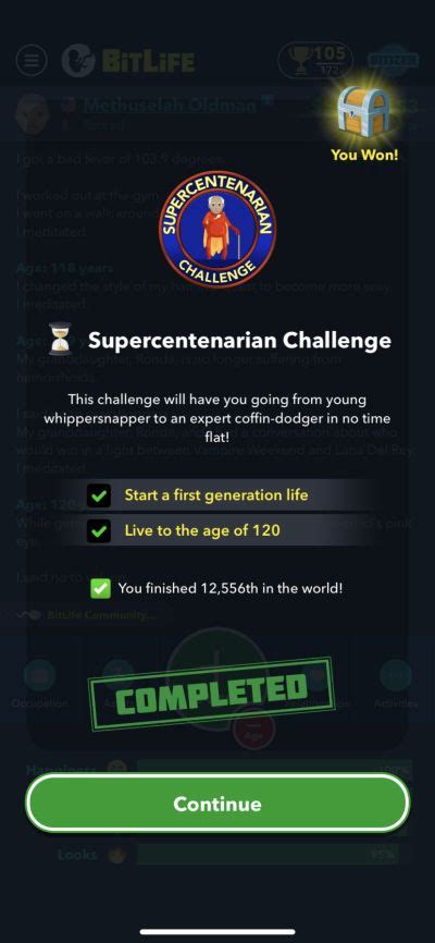 supercentenarian challenge bitlife  To get the Lustful Ribbon in BitLife, you will want to sleep with as many people as possible