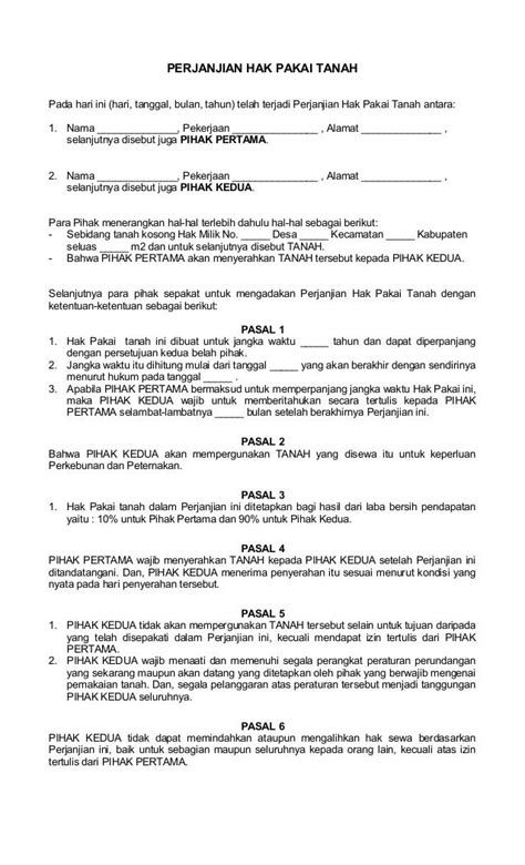 surat perjanjian hak guna pakai tanah Surat perjanjian hak pakai tanah of 3 PERJANJIAN HAK PAKAI TANAH Pada hari ini (hari, tanggal, bulan, tahun) telah terjadi Perjanjian Hak Pakai Tanah antara: 1