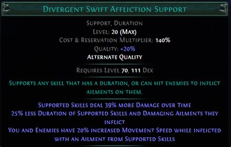 swift affliction poe  Supported Skills deal (25-39)% more Damage over Time 25% less Duration of Supported Skills and Damaging Ailments