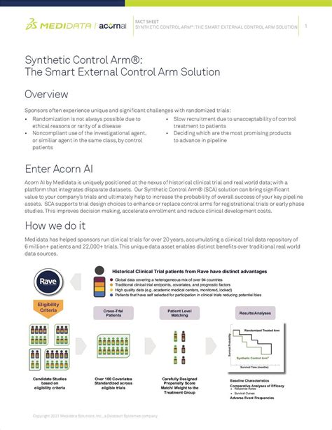 synthetic control arm medidata Synthetic Control Arm (SCA) A smarter external control arm built with regulatory-grade, historical clinical trial data
