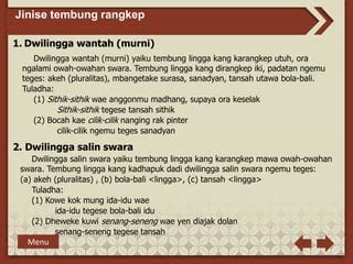 tembung lingga kang karangkep mawa owah-owahan swara yaiku  Dalam bahasa Jawa, tembung saroja yaiku tembung loro kang padha utawa tegese meh padha, banjur digawe bebarengan