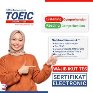 tes toeic online bersertifikat   Dalam kursus TOEIC di Bekasi ini, siswa belajar 'tips and triks' membaca dan menjawab pertanyaan, meningkatkan kemampuan menguasai tata bahasa dan kosa kata umum serta mempertajam kemampuan mendengarkan pembicaraan dalam bahasa Inggris