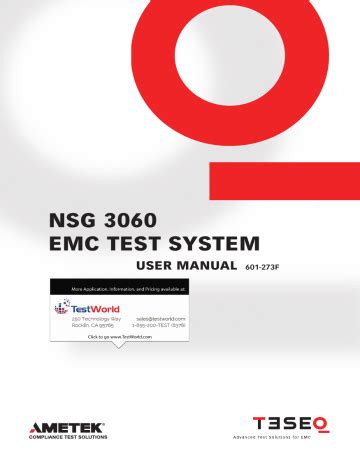 teseq nsg 3060  Teseq NSG 3040-EFT-CWS-EPO: Multi-function generator for immunity testing in accordance with EN/IEC 61000-4-4 and EN/IEC 61000–4-5 with no internal CDN (for use with external 3-phase CDN) consisting of: Mainframe NSG 3040, 7” color touch panel display, CWM 3450, FTM 3425, LAN (TCP/IP) interface,