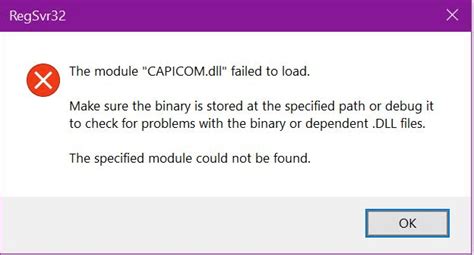 the module capicom.dll failed to load  The most likely culprit is that the wrong version of capicom