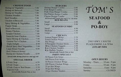 tom's seafood and restaurant plaquemine menu Specialties: Founded in 1960, Rouses Markets is proud to be a third-generation family owned & operated grocery store in Plaquemine, Louisiana