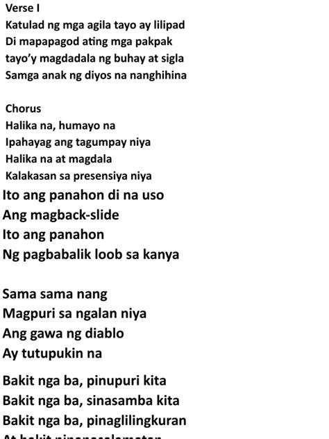 tulad ng isang agila lyrics and chords  TULAD NG ISANG AGILA lyrics [Verse 1] KATULAD NG MGA AGILA TAYO AY LILIPAD DI MAPAPAGOD ATING MGA PAKPAK TAYO’Y MAGDADALA NG BUHAY AT SIGLA SA MGA ANAK