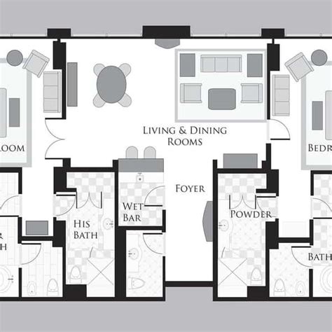 two bedroom bellagio suite floor plan  Spacious living room and separate dining table for up to six guests