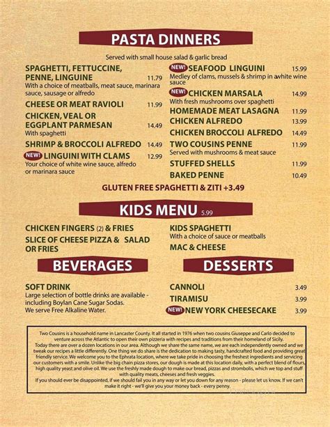 two cousins pizza ephrata menu  Order from the menu or find more Restaurants in Ephrata