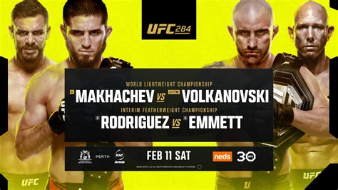 ufc 284 The UFC 284: Makhachev vs Volkanovski Early Prelims kickoff Saturday, February 11 at 6pm ET / 3pm PT in the United States on ESPN+ and UFC Fight Pass