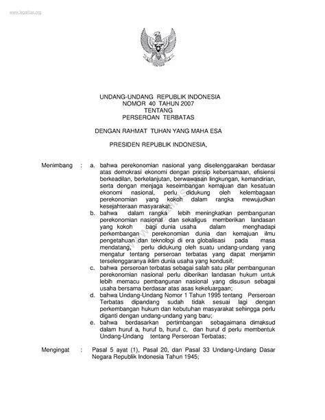 uu 40 2007  11 Tahun 2020 atau UU Cipta Kerja (“UU Ciptaker”), pengaturan mengenai modal utama PT diatur dalam Undang-Undang No