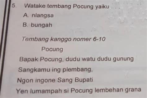 watake tembang pocung Tembang Pocung memiliki watak yang cenderung mengarah pada hal-hal yang sifatnya jenaka, guyon, santai, dan berisi tebak-tebakan