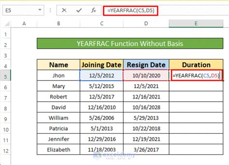 yearfrac function in excel  The computed result will be a decimal number if you use the YEARFRAC function