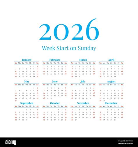 2026 Calendar with the Weeks Start on Sunday Stock Vector