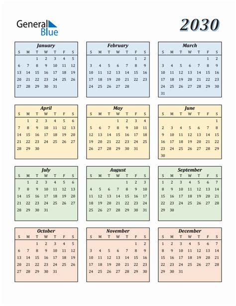 2030 Calendar in PDF