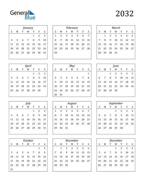 2032 Calendar Blank Printable Calendar Template in PDF Word Excel