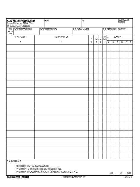 2062 army form. da form 2062, jan 1982. edition of jan 58 is obsolete. page . of. pages apd lc v2.10. from: to: hand receipt number end item stock number. end item description publication number. publication date quantity 