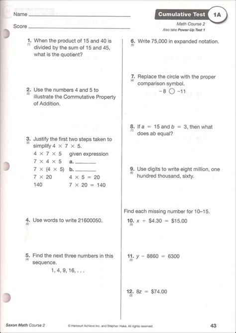 Read Online 20A Cumulative Test Answers Saxon Math 