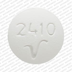 2410 v tablet. Customer: I have a round tablet it has the number 2410 with a V under it .. I had back surgery for siatica and couldn't remember if this is vicodin. I had put some pills in a metal tin in my purse so if I had to wait for a presription I had some . on days my nerve is super I take one which is not often which is why I cannot remember 