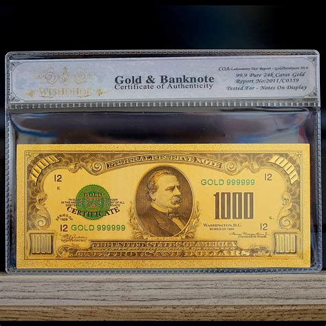 24k gold 1000 dollar bill value. Goldbacks can be, and are, used for barter transactions with anyone who recognizes the value of gold. Weight: 1/1000th Troy Oz. Purity: .9999 Gold Layered On a Bill. Size: 11.7cm x 6.5cm - (4.61" x 2.56") Insured Value. Cost. 