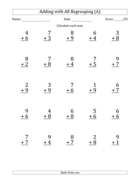 25 Single Digit Addition Questions With Some Regrouping Timed Math Drills Addition - Timed Math-drills Addition