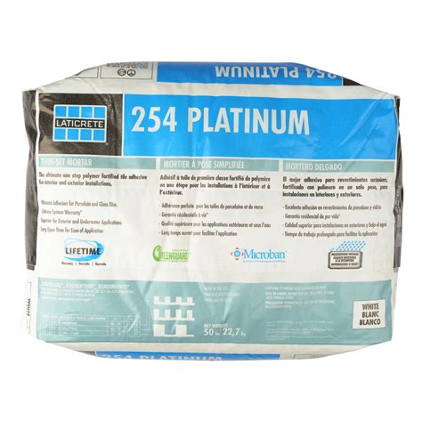 254 platinum thinset. LATICRETE 50 lb White Powder Dry-Thinset Mortar. Item # 89400 |. Model # 0254-0050-22. Get Pricing & Availability. Use Current Location. Use for floors, walls and as a medium bed. Long open time with unsurpassed adhesion and workability. 
