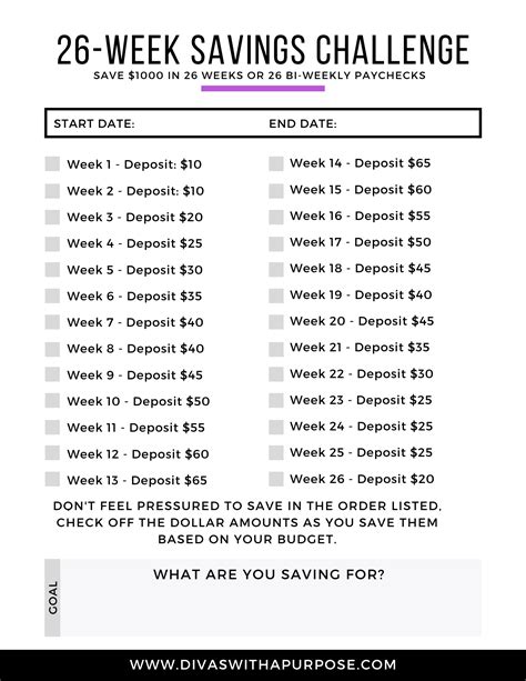 26 Week Savings Challenge Printable