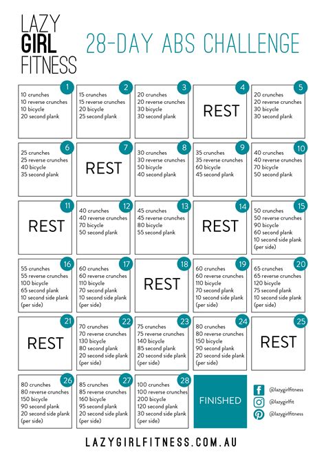 Keep reading for the full 28-day fitness challenge: Graphic: W+G Creative. Day 1: Take a fitness test and set your goals. When it comes to starting any new fitness routine, the most important .... 