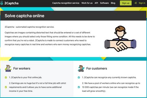 2captcha com start work.  Service supports APIs including PHP, Python, C++, JAVA, C#, and JavaScr...