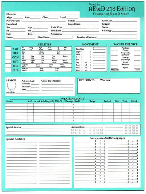 2nd Edition Dnd Character Sheet