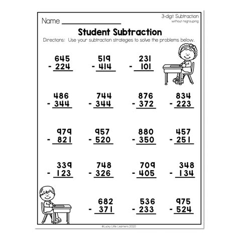 2nd Grade Math Worksheets 3Digit Subtraction Without Regrouping