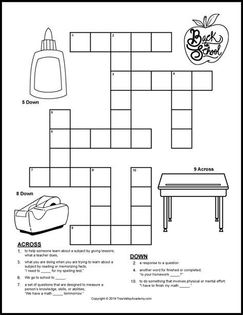 2nd Grade Crossword Puzzles   Back To School Crossword Puzzles Tree Valley Academy - 2nd Grade Crossword Puzzles