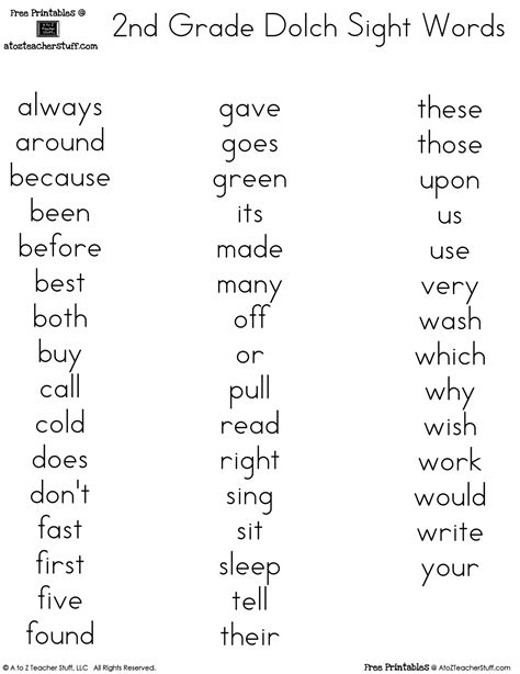 2nd Grade Dolch Word List Alphabetical Order A Dolch Word List Grade 2 - Dolch Word List Grade 2