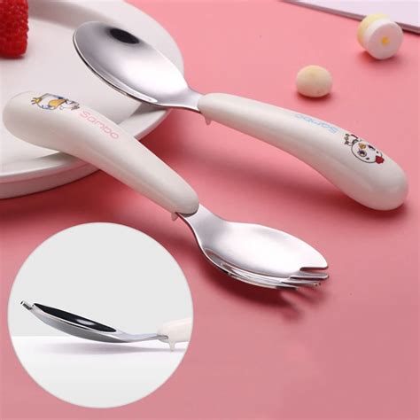 2pcs Baby Self Feeding Fork Spoon Set Kids Utensils for Over 6