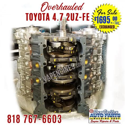 4.7L (VIN T, 5th digit, 2UZFE engine, 8 cylinder) Search. Trustpilot. 2001 Toyota Tundra Engine Change. Options: 4.7L (VIN T, 5th digit, 2UZFE engine, 8 cylinder) Change Options. e-r-n_5606. Remanufactured. $4,316. View Specification. ... Our remanufactured engines for sale are among the highest quality in the industry today. Show more.. 