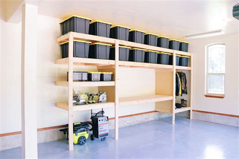2x4 garage shelves. Cut for each shelf a 2x4 in the desired shelf length. Then cut supports in the desired shelf depth minus 1-1/2". You'll need a support on each end, and then center supports about every 3-4 feet. For heavier loads, keep spans about 3' max. Then build the shelf supports first on a flat level surface, using the longer screws. 