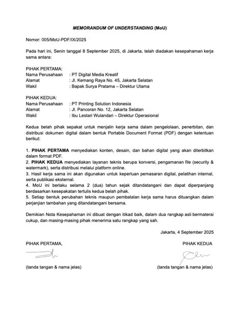3 Contoh MoU sebagai perjanjian kerja sama secara profesional - raincitystudios.com
