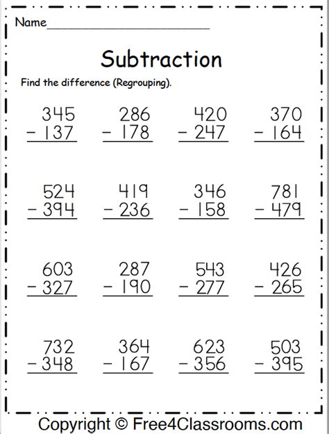 3 Digit Subtraction With Regrouping Worksheets 2nd Grade Free Printable