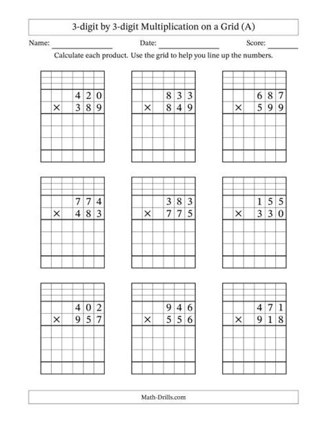 3 Digit3 Digit Multiplication With Grid Support (A) 3 Digit