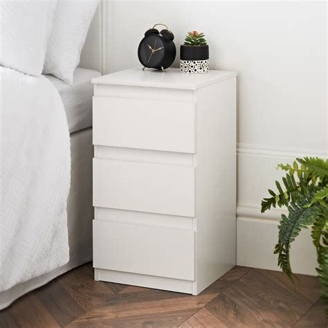 3 Drawer White Bedside Table