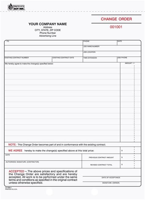 3 Part Contractor Change Order Form