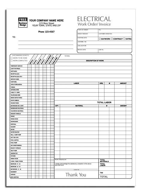 3 Part Electrician Work Order Forms