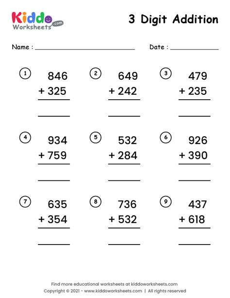 3 Digit Addition Worksheets K5 Learning Adding 3 Numbers Together - Adding 3 Numbers Together