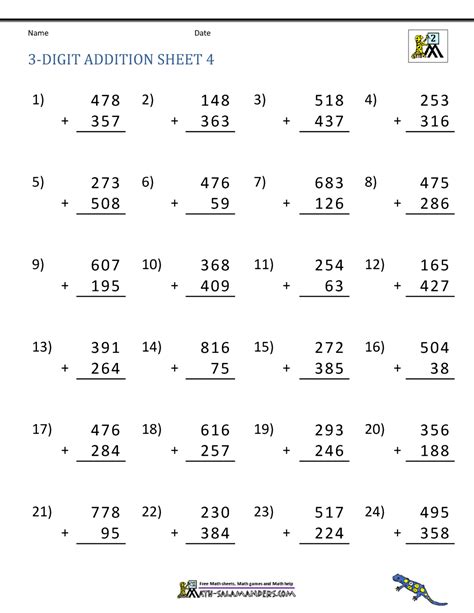3 Digit Addition Worksheets Math Salamanders Adding 3 Numbers Together - Adding 3 Numbers Together